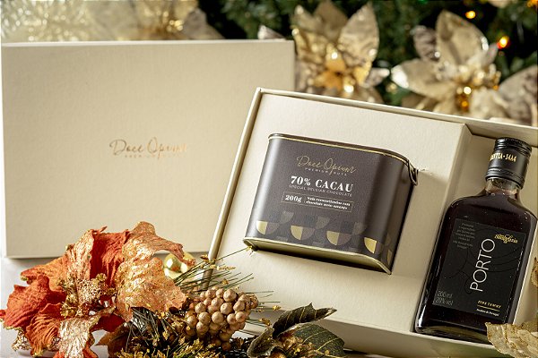 Caixa Premium com Lata Mix de Nuts 70% Cacau e Vinho do Porto.