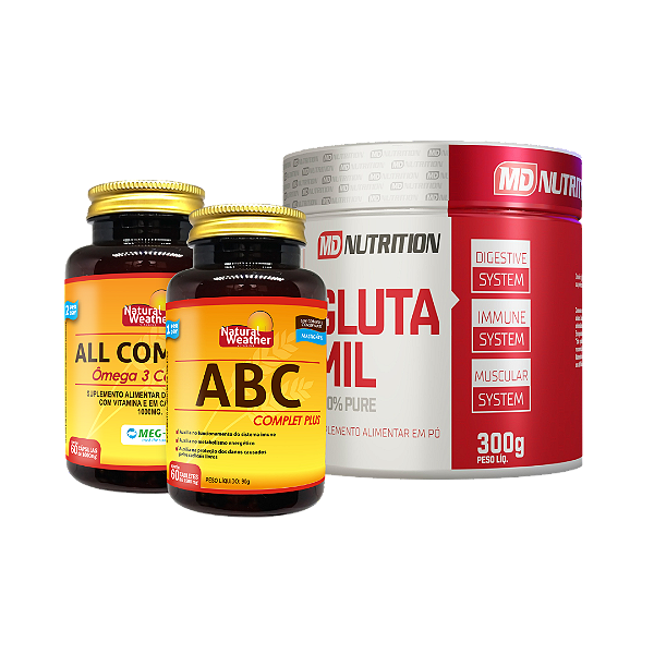 Kit Imunidade e Saúde Cognitiva – Ômega 3 DHA, Polivitamínico e Glutamina | Linha Imunidade