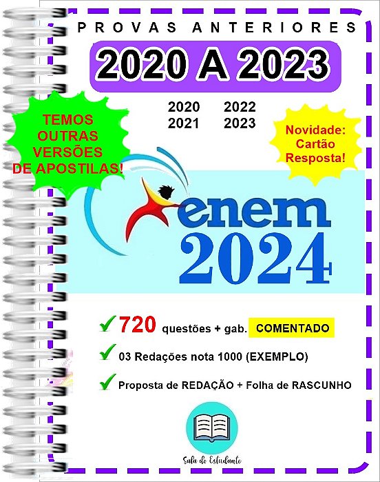Enem 2024 - 900 questões Provas 2020 a 2023 + gabarito COMENTADO de TODAS as questões
