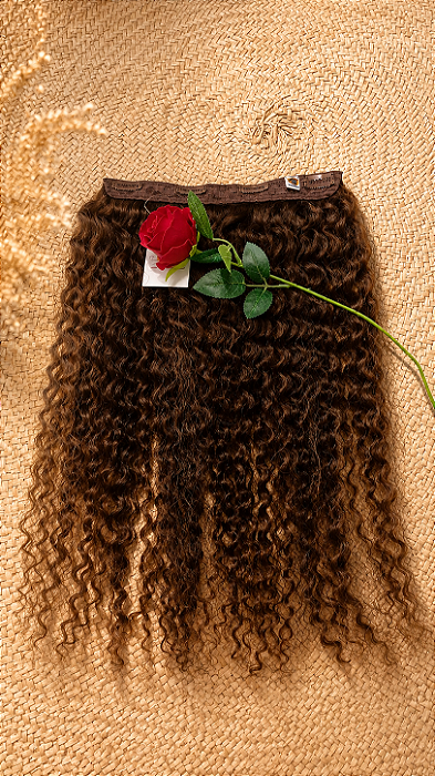 APLIQUE DE CABELO HUMANO CACHEADO 60CM TIC TAC E FIO INVISIVEL COR CASTANHO MÉDIO PERSONALIZADO 54