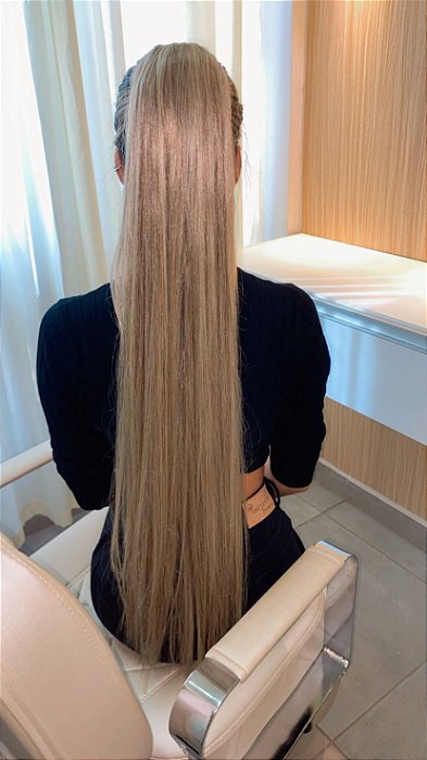 RABO DE CAVALO CABELO BIO FIBRA LISO 80CM LOIRO CLARO PEROLADO