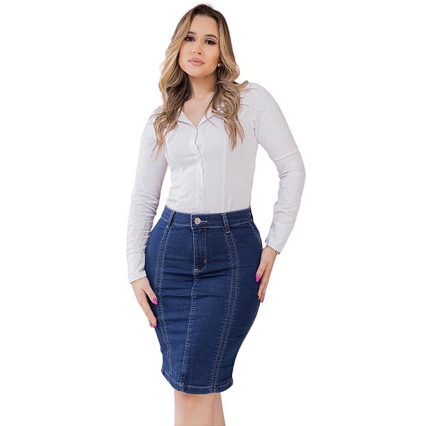 Saia Jeans Secretária  Moda Evangélica