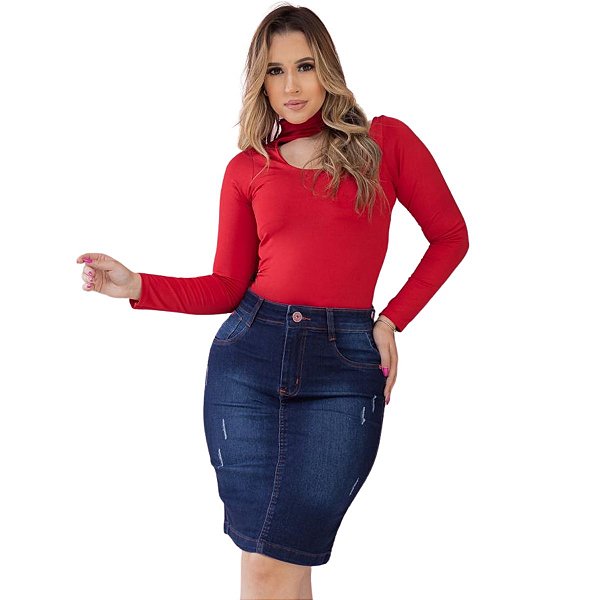 Saia Jeans Secretária com puídos Moda Evangélica