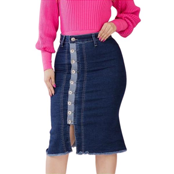 Saia Midi Jeans com botões Moda Evangélica
