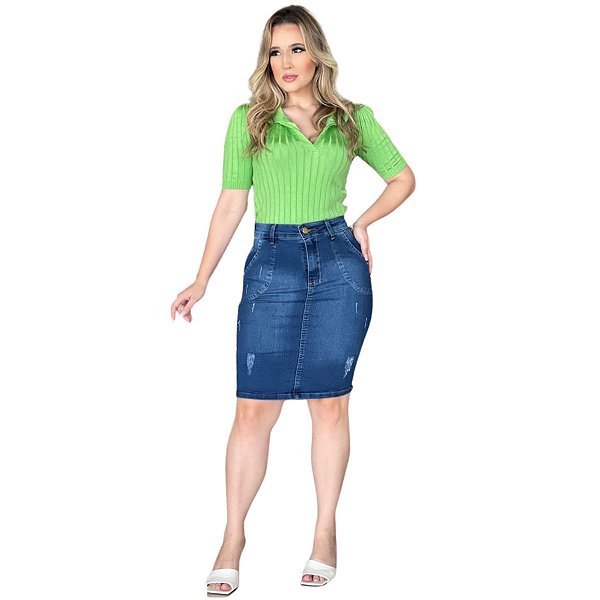 Saia Jeans Evangélica Secretária Com Bolsos