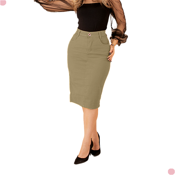 Saia Midi Brim Moda Evangélica Cintura Alta Bege