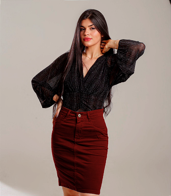 Saia Jeans Moda Evangélica Tradicional Vinho