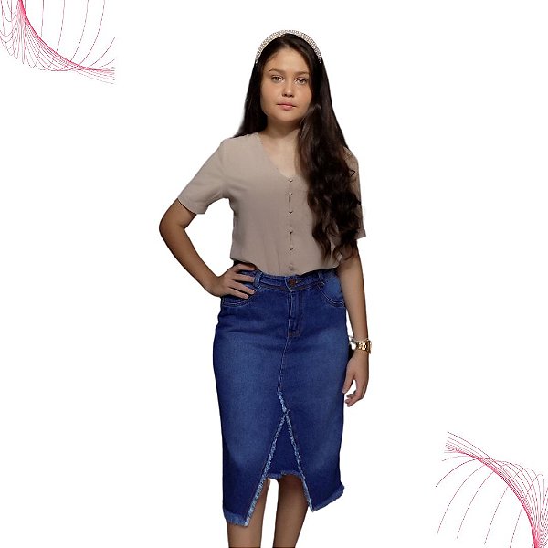 Saia Midi Jeans Moda Evangélica Azul Médio 100%