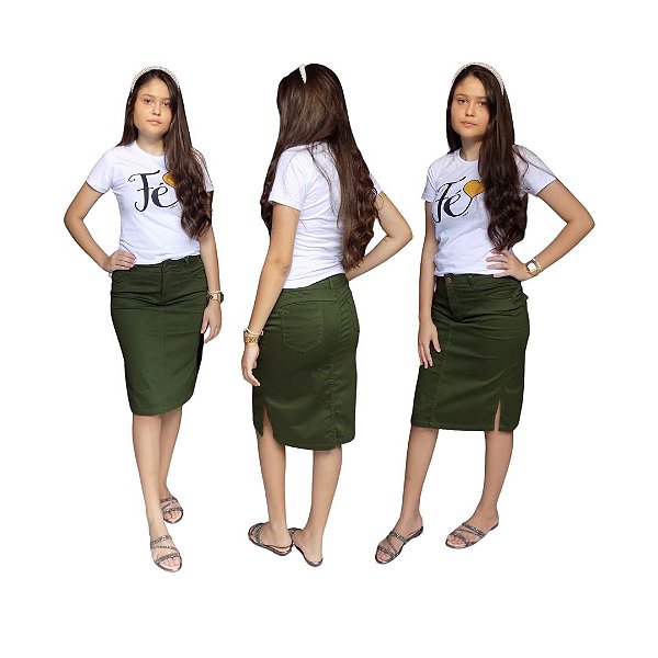 Saia Midi Jeans Moda Evangélica Verde Militar Ref.178