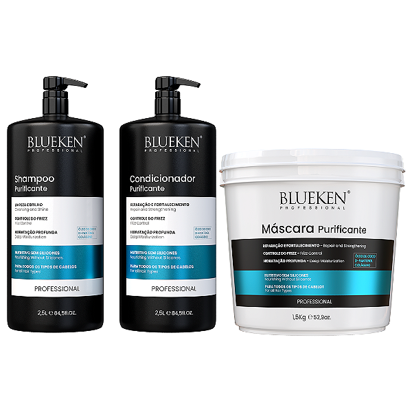 Kit manutenção Purificante Shampoo e Condicionador Blueken 2,5L + Máscara Hidratante Purificante Blueken 1,5L