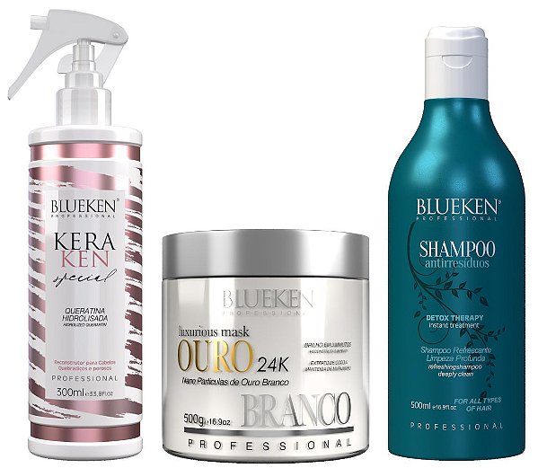 KeraKen Special Queratina Hidrolisada Blueken 300Ml + Máscara Luxurious Ouro Branco Blueken 500G + Shampoo Detox Antirresíduos Blueken 500Ml