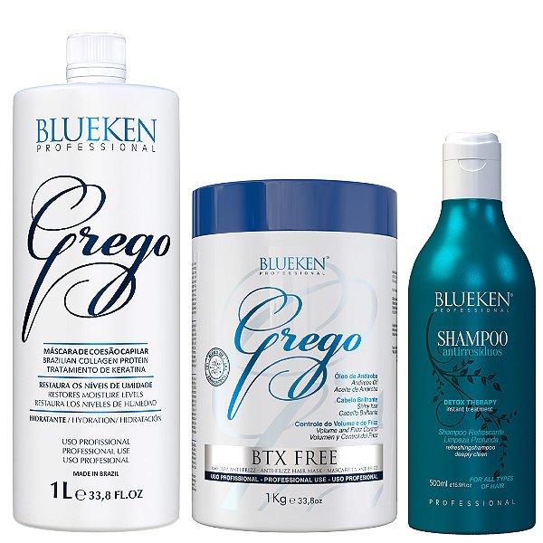 Grego Blueken 1L + Máscara Redutora de Volume Grego Blueken Btx 1KG  + Shampoo Detox Therapy Blueken 500ML