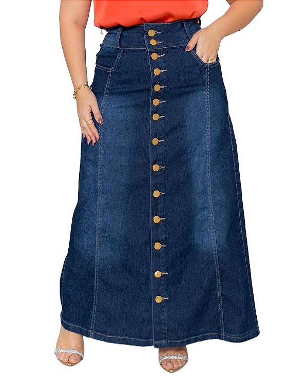 Saia Longa Jeans Recortes Botão Moda Evangelica Feminino