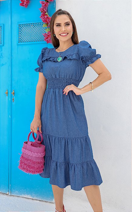 Vestido Jeans Midi - Moda Evangélica - Roupas Evangélicas