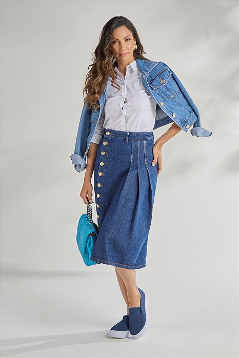 Saia Jeans Midi com Pregas Bolsos e Botões Moda Evangelica Feminina