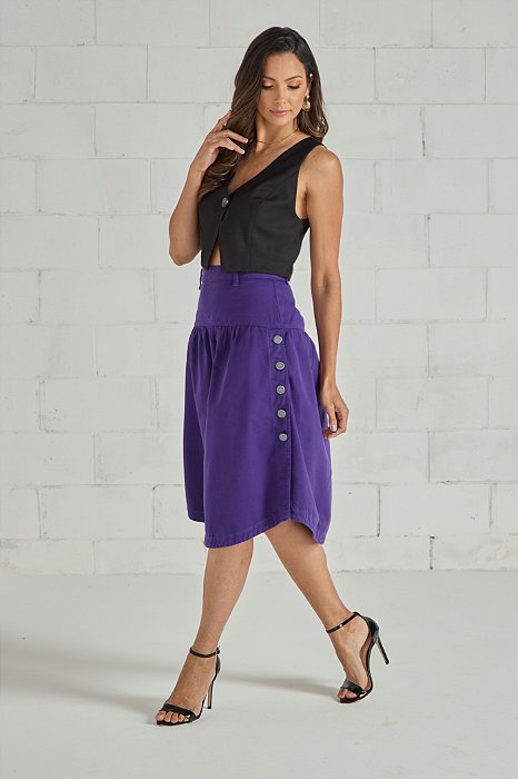 Saia Jeans Roxo Midi Botoes Rodada Moda Evangelica Feminina