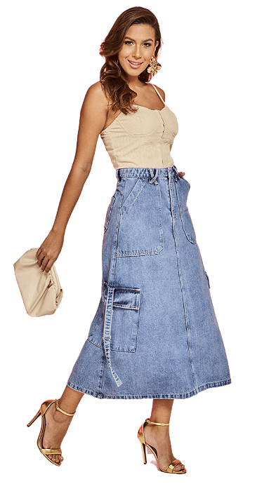 Saia Jeans Midi com Bolsos Cargo Moda Evangélica Feminina