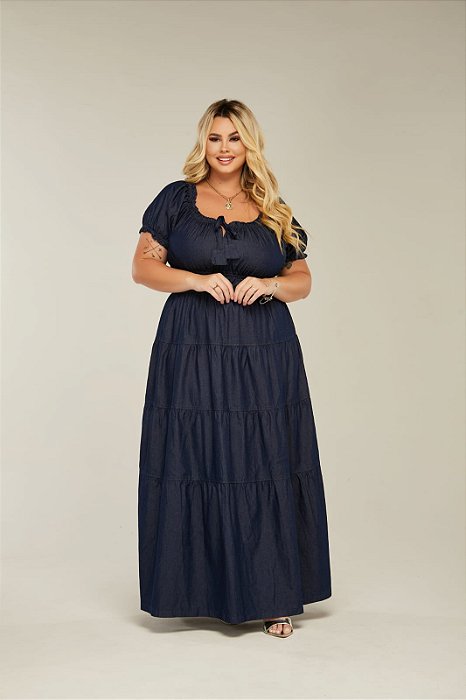Vestido Plus Size Jeans Longo Maria Moda Evangélica Feminina