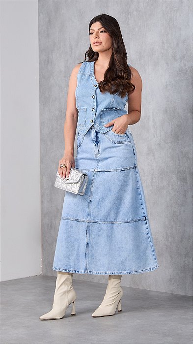 Saia Jeans Clara Midi Reta Bolsos Moda Evangélica Feminina