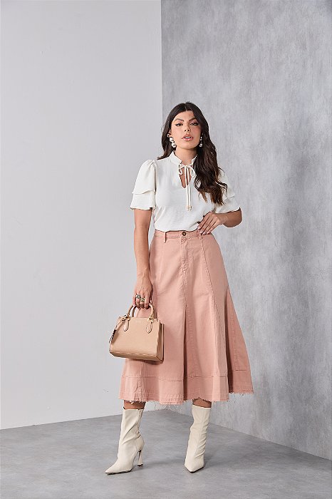 Saia Rosa Sarja Algodão Midi Nude Moda Evangélica Feminina