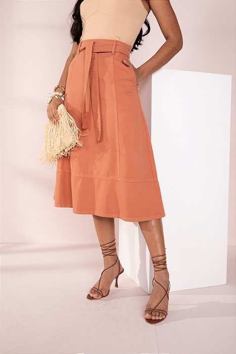Saia Midi Telha Sarja Evasê Moda Feminina