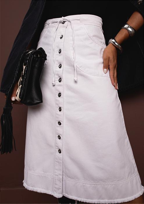 Saia Midi Branca  Rodada Botões Moda Feminina