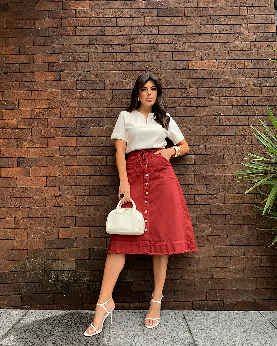 Saia Midi Vermelho  Rodada Botões Moda Feminina