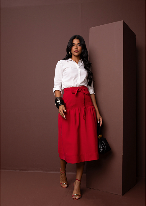 Saia Midi Vermelho  Rodada Botões Moda Feminina