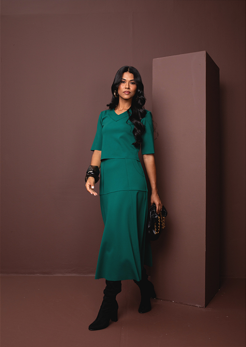 Conjunto Blusa Saia Longa Malha Poliamida Elegância Conforto