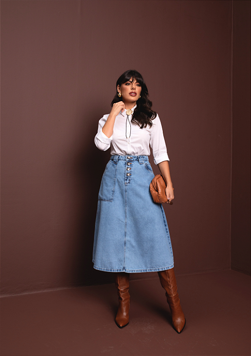 Saia Jeans Midi Evase Bolsos Moda Feminina