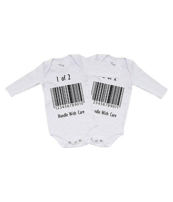 Dupla de Bodies de Bebê Gêmeos Código de Barras em Suedine 100% Algodão Fio Egípcio