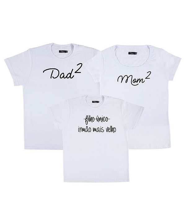 Kit Família 03 Camisetas Brancas Pai de 2, Mãe de 2 e Irmão Mais Velho