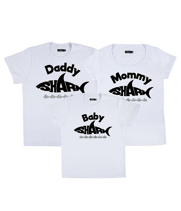 Kit Família 03 Camisetas Brancas Daddy Shark Mommy Shark e Baby Shark