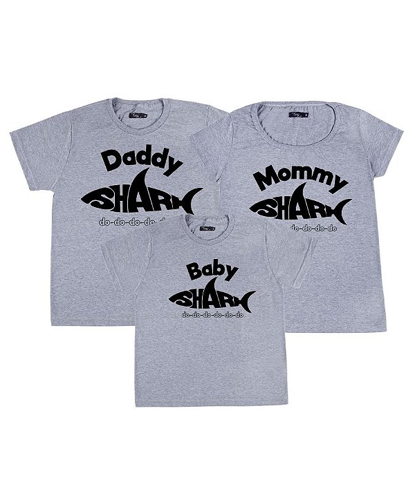 Kit Família 03 Camisetas Cinzas Daddy Shark Mommy Shark e Baby Shark