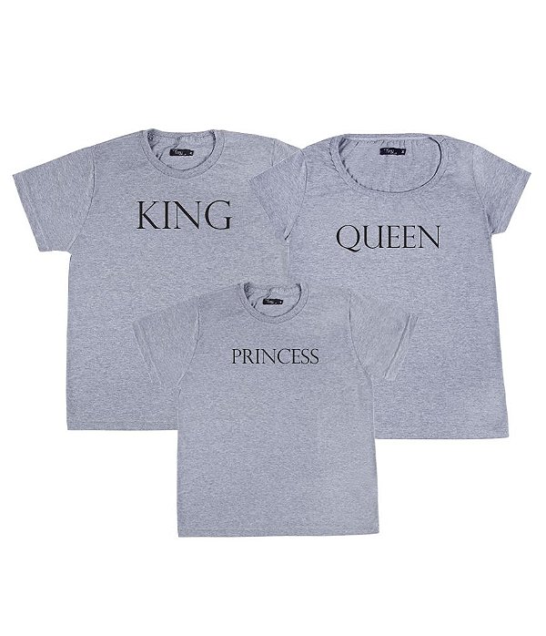 Kit Família 03 Camisetas Cinzas King Queen e Princess