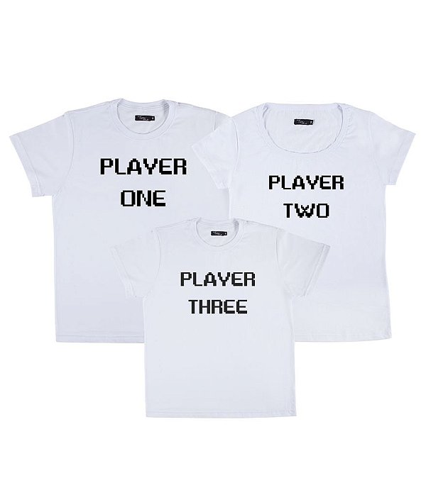 Conjunto Família 03 Camisetas Brancas Player One Player Two Player Three