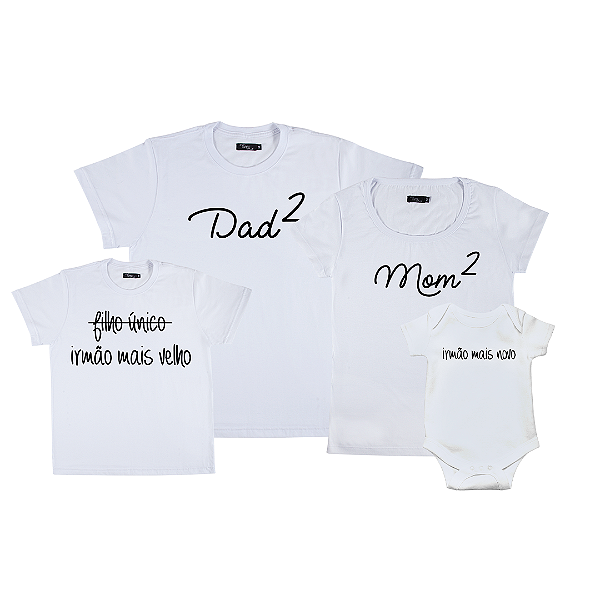 Kit Família 03 Camisetas e 01 Body Pai e Mãe de 02  | Irmão Mais Velho e Irmão Mais Novo