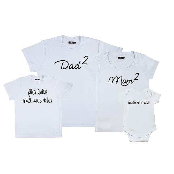 Kit Família 03 Camisetas e 01 Body Pai e Mãe de 02  | Irmã Mais Velha e Irmão Mais Novo