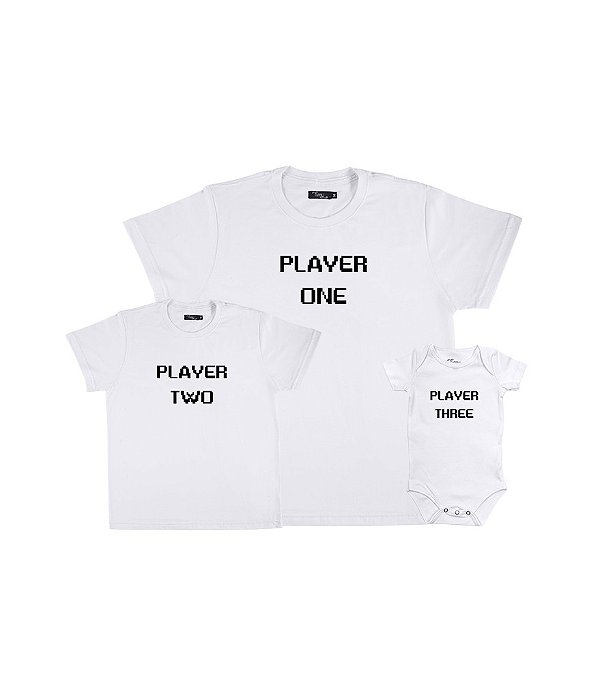 Kit Pai e Filhos 02 Camisetas e 01 Body Player One Two e Three