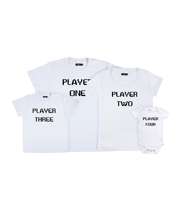 Kit Família 03 Camisetas e 01 Body Player 1 Player 2 | Player 3 Player 4