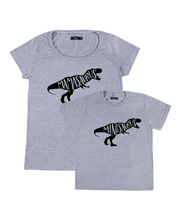 Kit 2 Camisetas Cinzas Mãe & Filho (a) Mamasaurus e Minisaurus