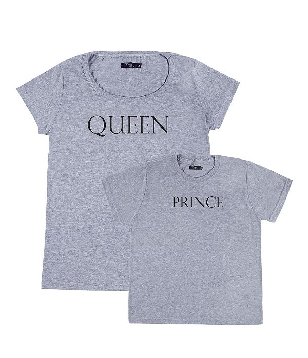 Conjunto 2 Camisetas Cinzas Mãe e Filho Queen e Prince