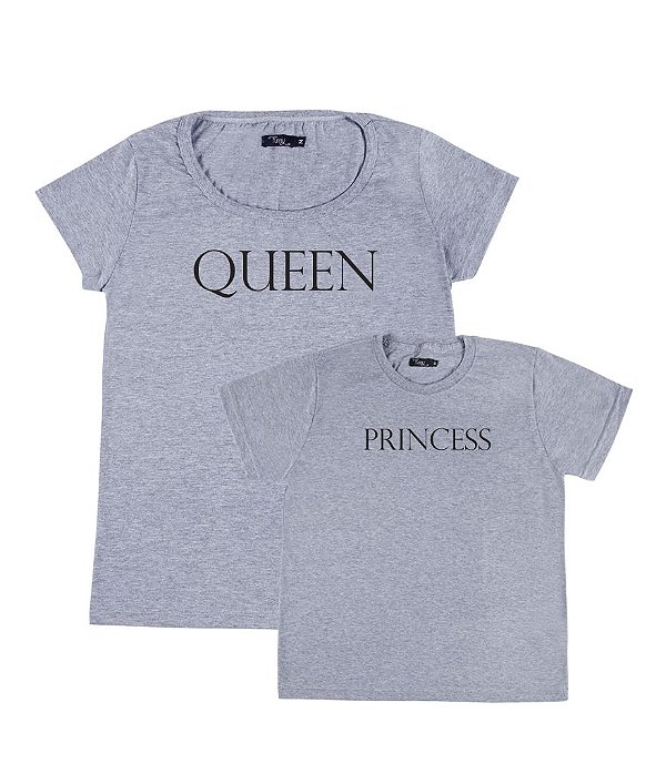 Kit 2 Camisetas Cinzas Mãe e Filha Queen e Princess