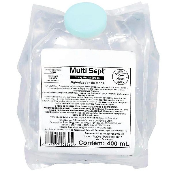 Álcool Espuma Antisséptico Spumasept- Sem Enxague- Refil 400ml -Trilha