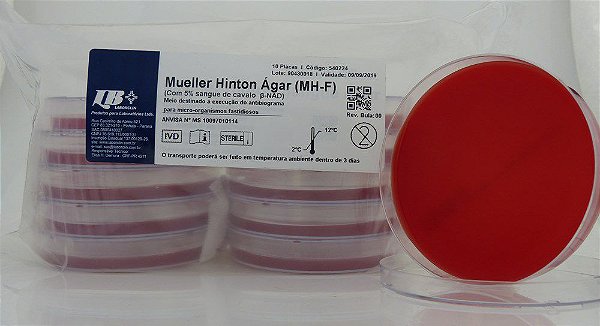 ❆ Ágar Mueller Hinton suplementado com sangue de cavalo e β-NAD em placa de Petri 90x15 mm, pacote com 10 placas 540224 (Laborclin)