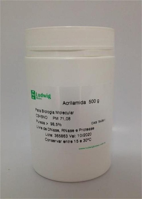 Acrilamida, peso molecular 71,08, pureza >98,5%, frasco com 500 gramas ACRI500 (Ludwig)