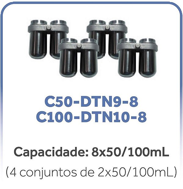 Jogo com 8 caçapas de 100 ml e suporte para rotor DTN10, para uso nas centrífugas DT-5000G-BI e DT-5000-BI-NM, 04 conjuntos de 2x100 mL C100-DTN10-8 (Daiki)