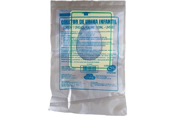 Coletor Urina Infantil Unissex 100 mL, Estéril, caixa 100 unidades, mod.: CLTUNIV (Cralplast)