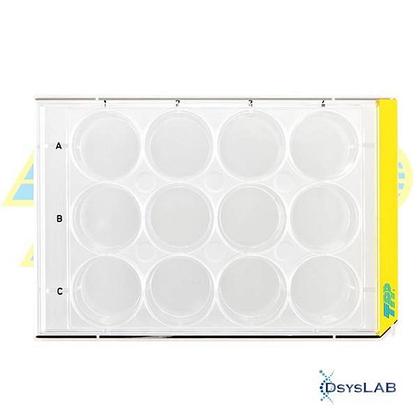 Microplaca para cultivo celular, 12 poços, fundo chato, PS, com tampa, caixa com 126 unidades 92012 (TPP)
