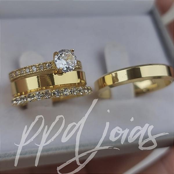 Kit Alianças + Solitário + Aparador - 3 Camadas de Ouro 18k